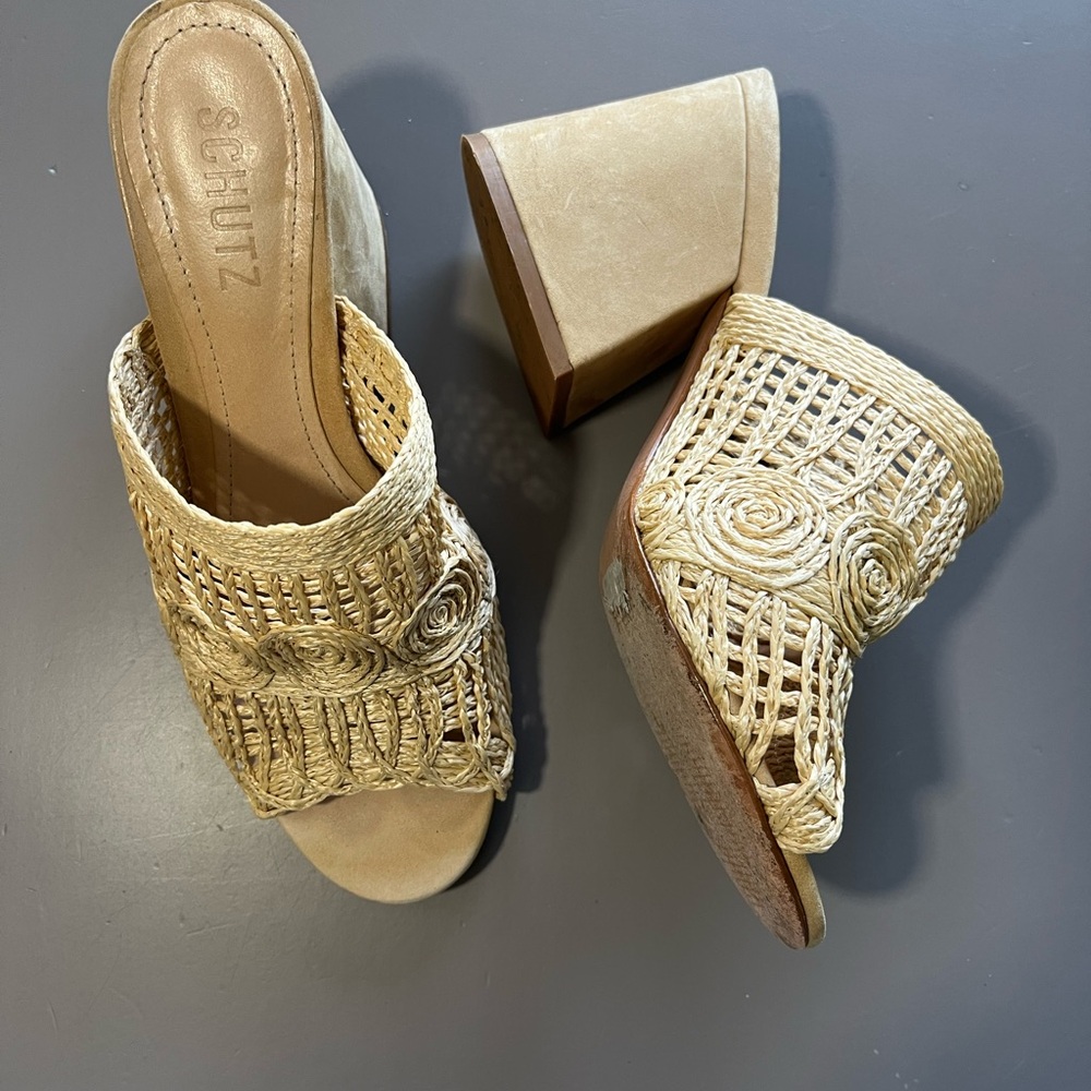 Schutz Tan Mules with Woven Detail